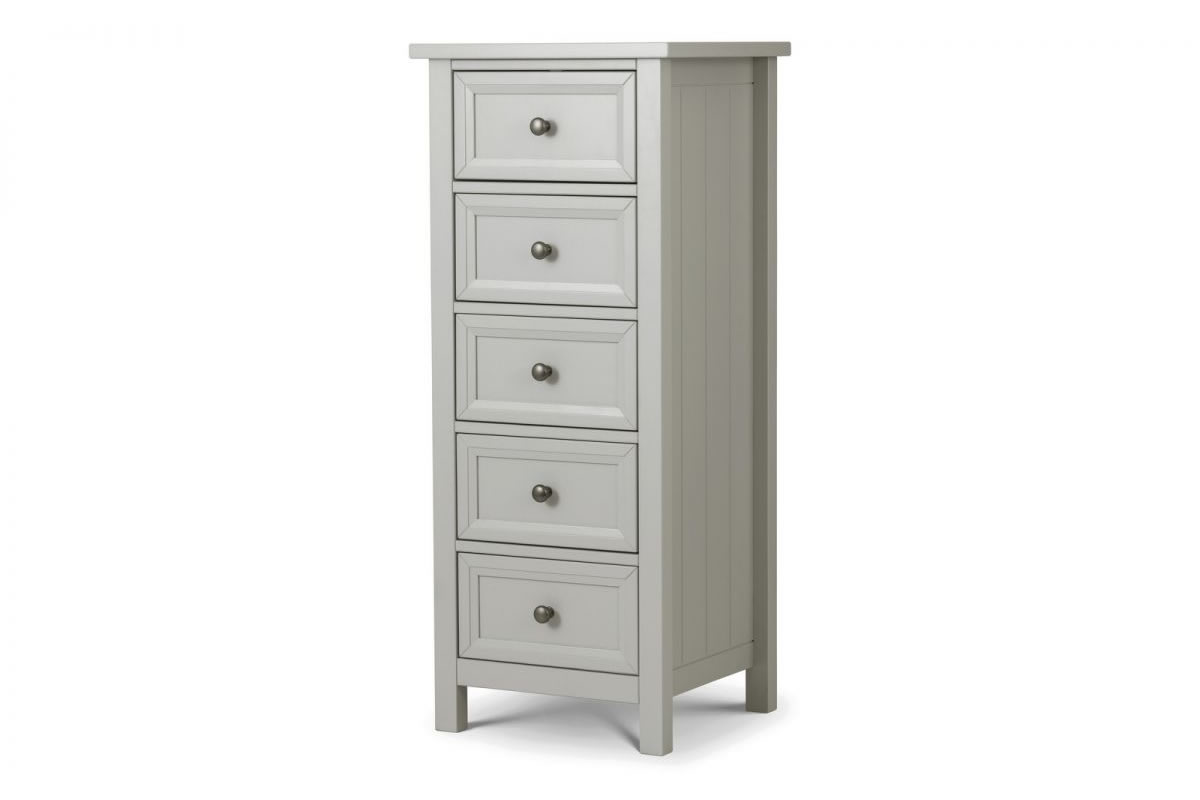 View Grey Wooden 5 Drawer Narrow Bedroom Storage Chest Of Drawers Shaker Styled Solid Wood Drawers Silver Handles Maine Julian Bowen information