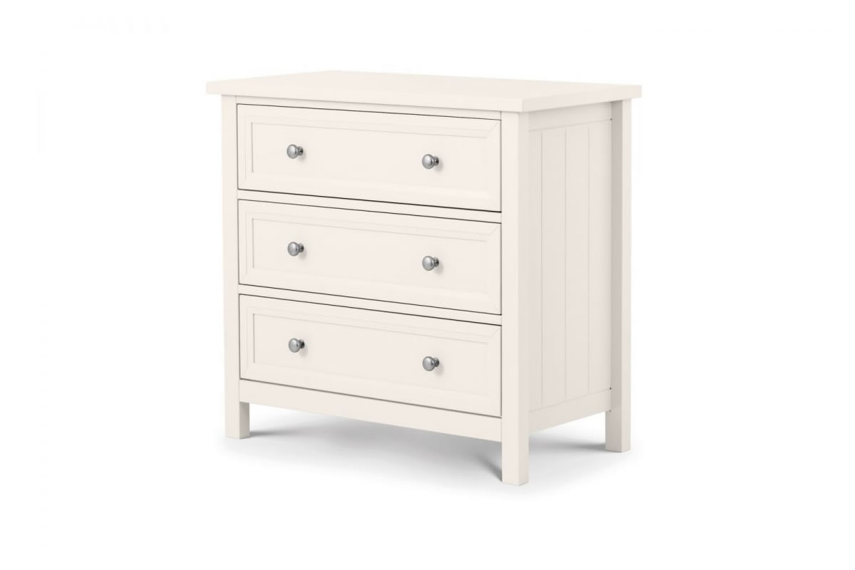 View White Wooden 3 Wide Drawer Bedroom Storage Chest Of Drawers Shaker Styled Solid Wood Drawers Silver Handles Maine Julian Bowen information