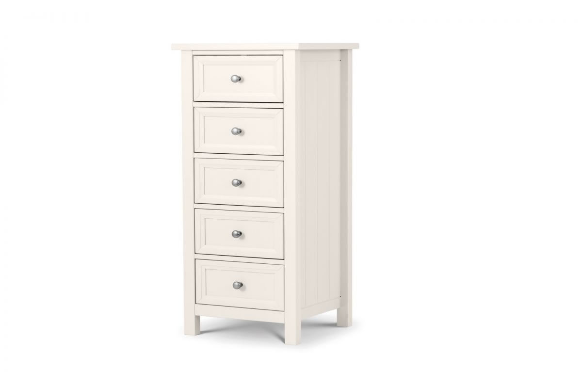 View White Wooden 5 Drawer Narrow Bedroom Storage Chest Of Drawers Shaker Styled Solid Wood Drawers Silver Handles Maine Surf Julian Bowen information