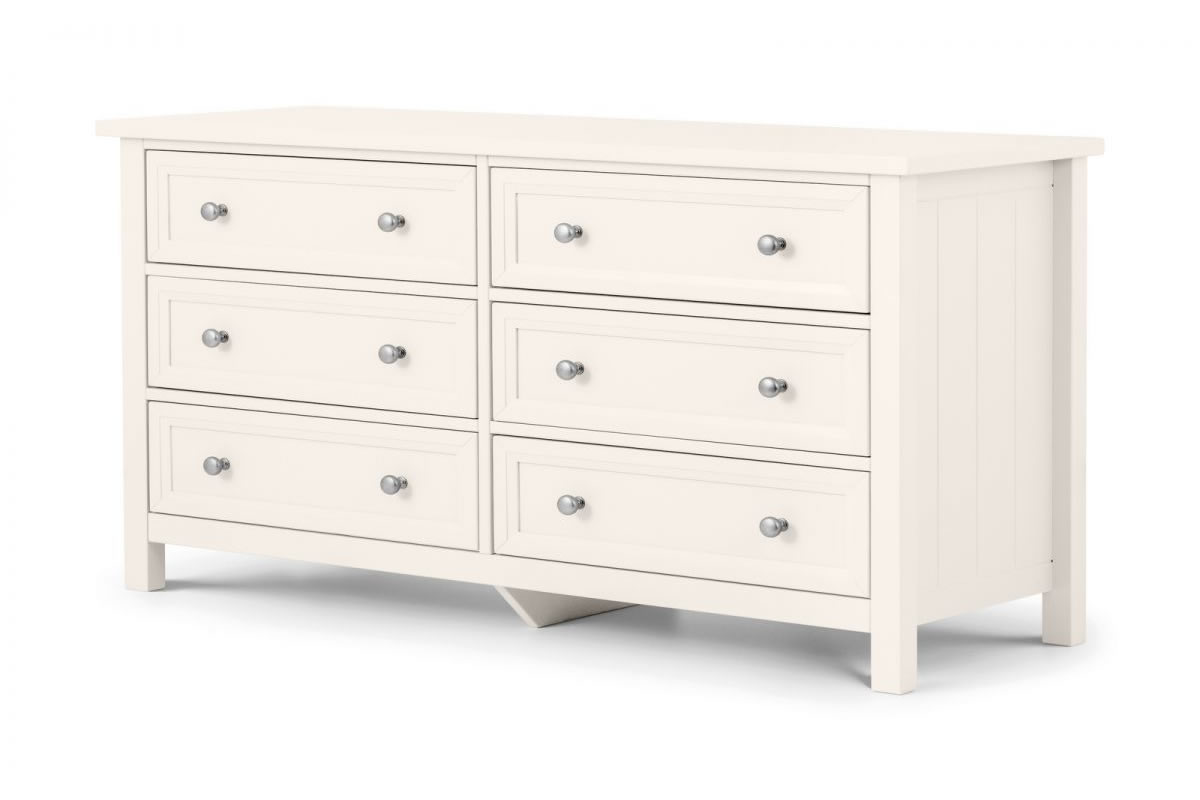 View White Wooden 6 Wide Drawer Bedroom Storage Chest Of Drawers Shaker Styled Solid Wood Drawers Silver Handles Maine Surf Julian Bowen information
