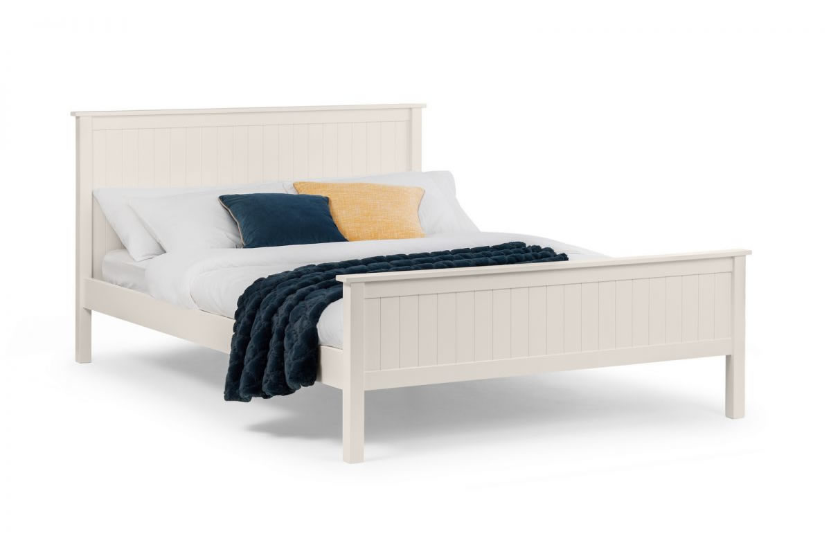 View 46 Double Size White Shaker Styled Wooden Bed Frame Slatted Paneeled High Head And Foot Board Strong Slatted BaseWith Centre Support Maine information
