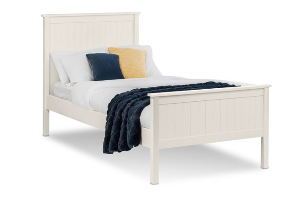 View 30 Single Size White Shaker Styled Wooden Bed Frame Slatted Paneeled High Head And Foot Board Strong Slatted BaseWith Centre Support Maine information