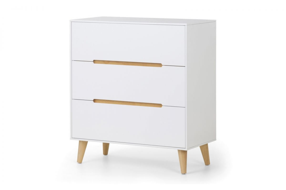 View Modern Matt White Bedroom 3 Wide Drawer Clothes Storage Chest Scandinavian Style Easy Glide Drawers Wooden Tapered Legs Alicia Julian Bowen information
