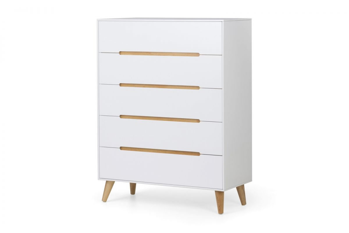 View Modern Matt White Bedroom 5 Wide Drawer Clothes Storage Chest Scandinavian Style Easy Glide Drawers Wooden Tapered Legs Alicia Julian Bowen information