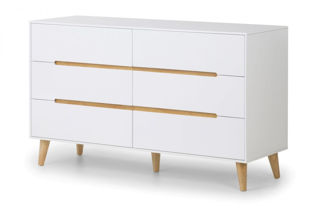 View Modern Matt White Bedroom 6 Wide Drawer Clothes Storage Chest Scandinavian Style Easy Glide Drawers Wooden Tapered Legs Alicia Julian Bowen information