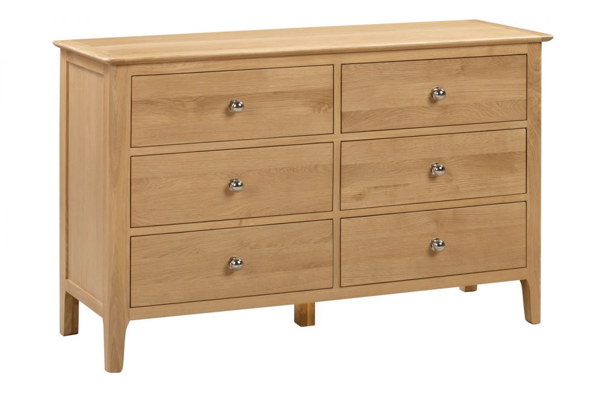 View Natural Light Oak Wooden 6 Drawer Wide Bedroom Storage Chest Of Drawers Shaker Styled Solid Wood Drawers Silver Handles Cotswold Julian Bowen information
