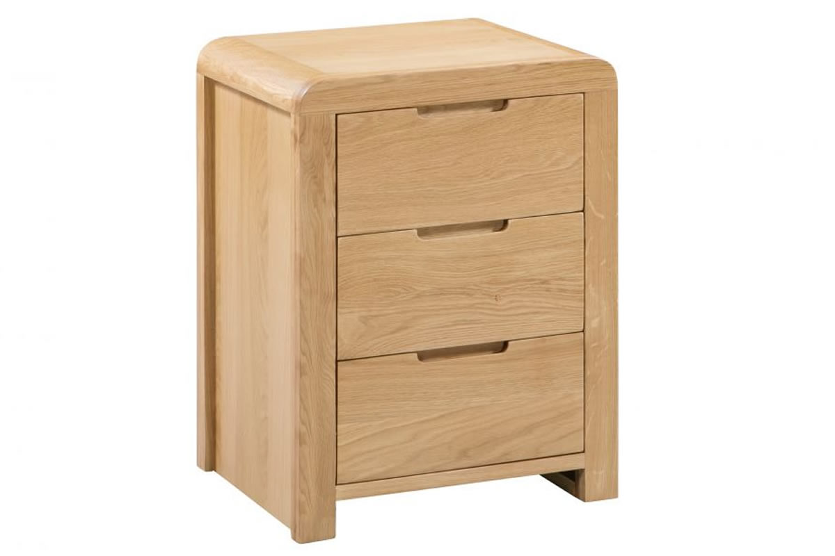 View Solid Oak Modern 3 Drawer Bedside Chest Deco Styled Top Curved Edges Recessed Handles Wooden Drawers With Dovetail Joints Curve information