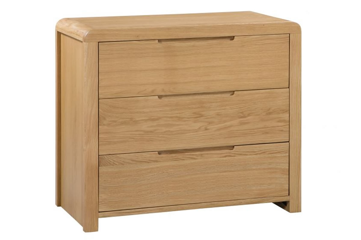 View Light Natural Oak 3 Wide Drawer Bedroom Storage Chest Modern Retro Style Rounded Corners Solid Wooden Drawers Pull Handles Curve Julian Bow information