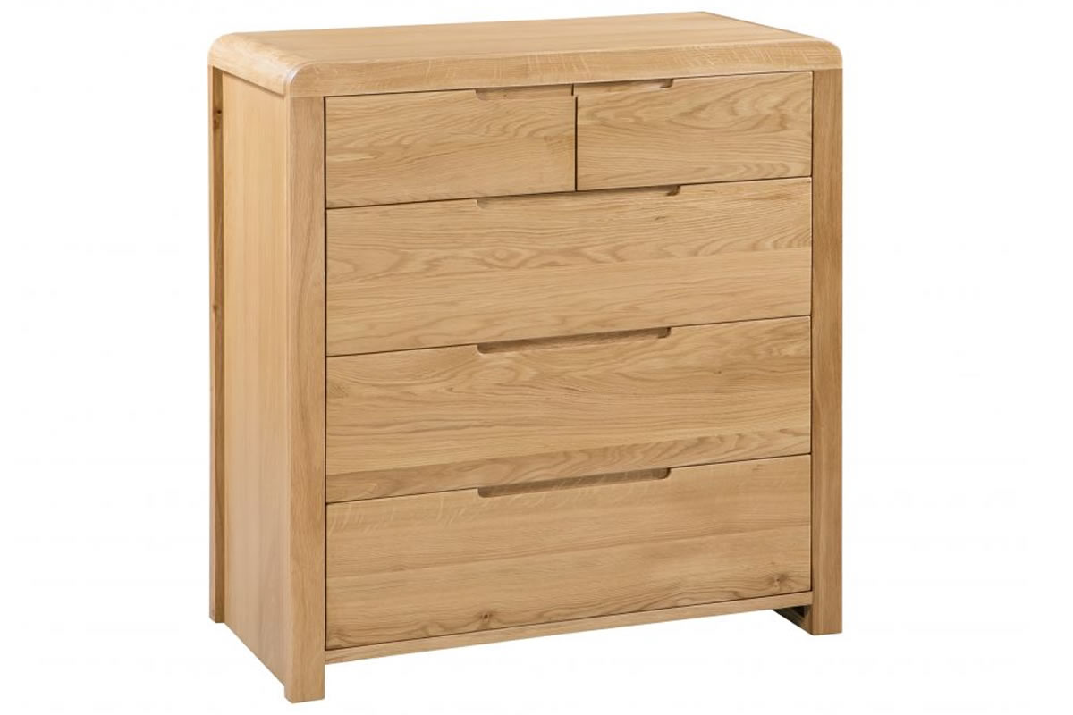 View Light Natural Oak 3 2 Wide Drawer Bedroom Storage Chest Modern Retro Style Rounded Corners Solid Wooden Drawers Pull Handles Curve information