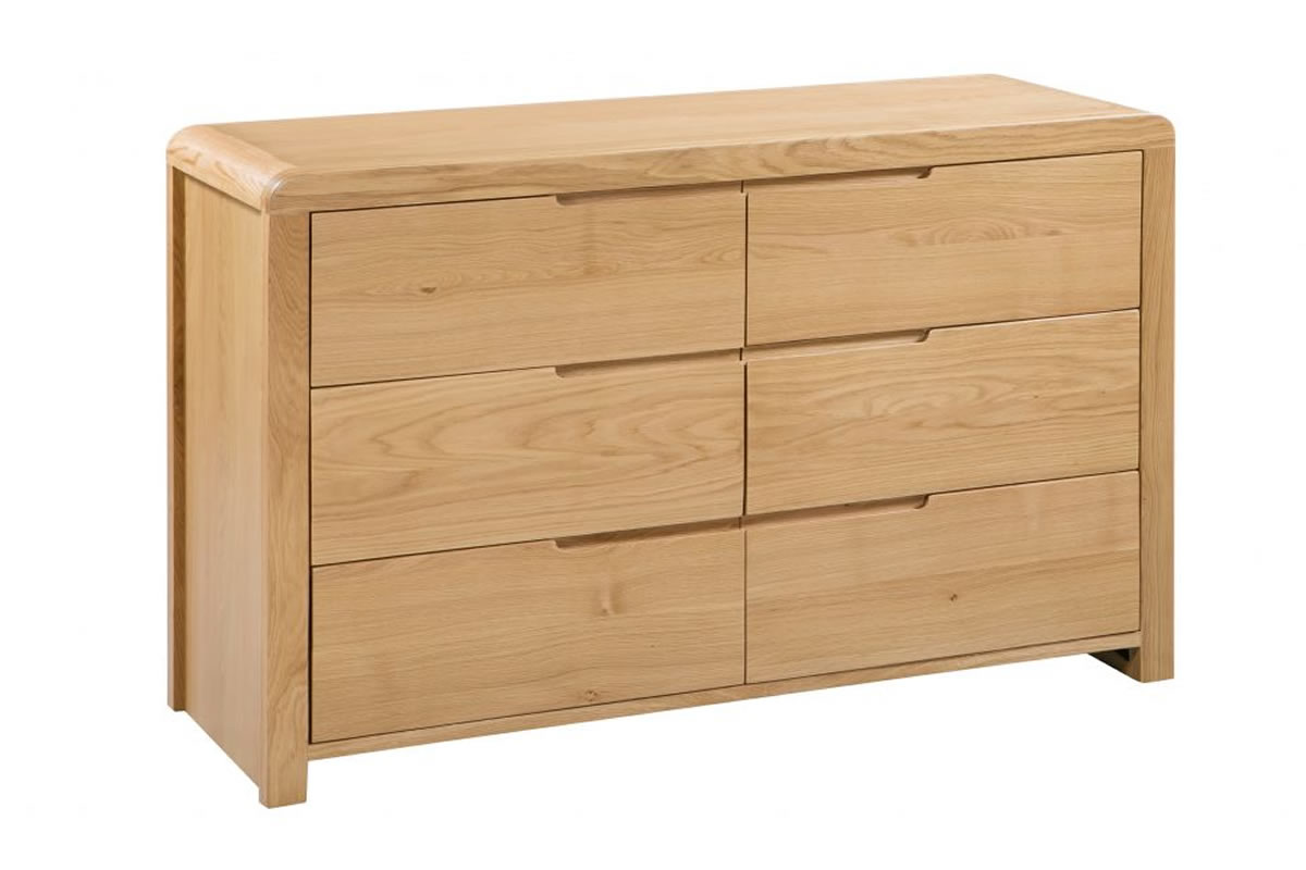 View Light Natural Oak 6 Drawer Bedroom Storage Chest Modern Retro Style Rounded Corners Solid Wooden Drawers Pull Handles Curve Julian Bow information
