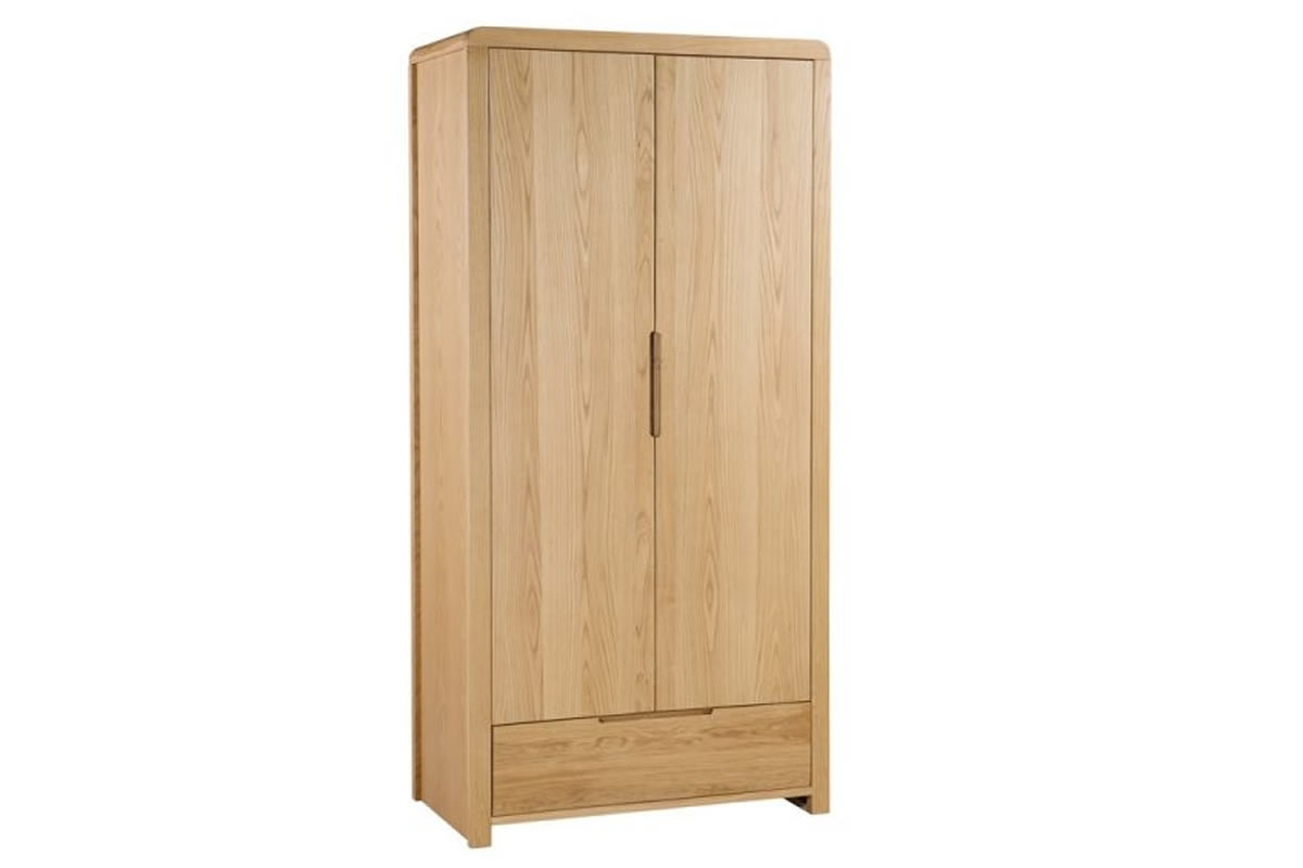 View Modern Solid Oak 2 Door Full Hanging 1 Drawer Combination Wardrobe Stylish Recessed Handles Rounded Curved Edges Curve Bedroom Range information