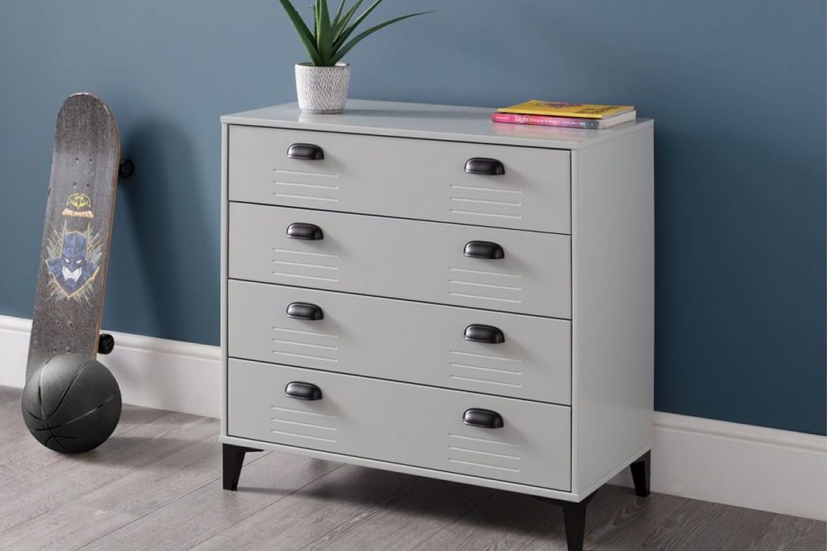 View Modern Grey Metal Finish 4 Drawer Wide Childrens Bedroom Chest Of Drawers Grey Lacquer Finish Black Pull Handles Lakers Locker Julian Bowen information