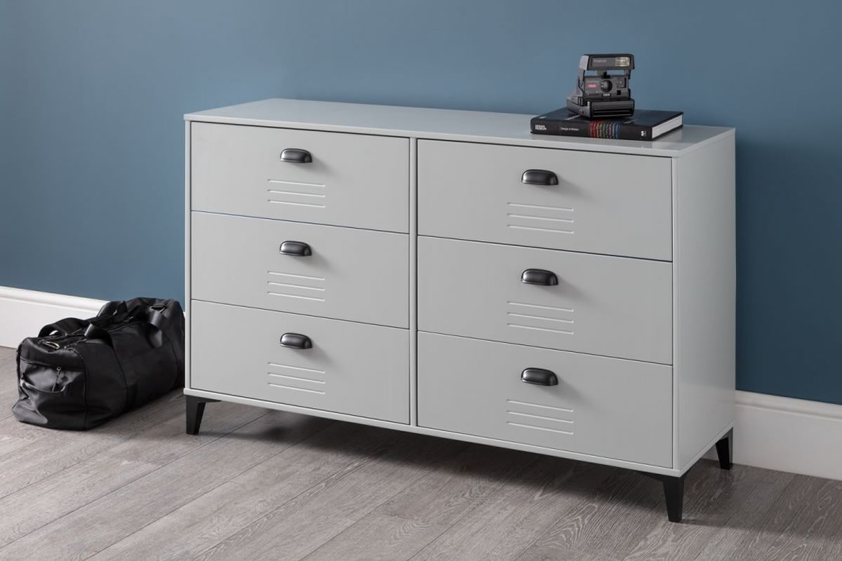 View Modern Grey Metal Finish 6 Drawer Wide Childrens Bedroom Chest Of Drawers Grey Lacquer Finish Black Pull Handles Lakers Locker Julian information