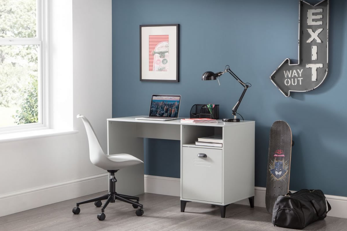 View Painted Grey Single Pedestal Desk With Cupboard Open Storage Space Single Storage Cupboard Black Metal Effect Legs Handles Lakers Locker information