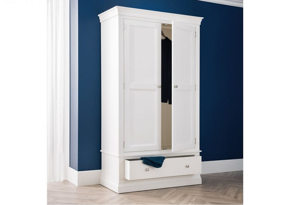View Painted White Antique Style 2 Door 1 Drawer Wardrobe French Inspired Design Easy Glide Storage Drawer Double Full Hanging Wardrobe Clermont information