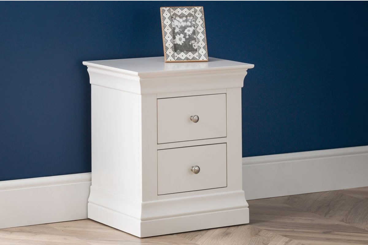 View Painted White 2 Drawer Bedside Chest French Inspired Design Easy Glide Storage Drawers Chrome Pull Handles Clermont Bedroom Range information