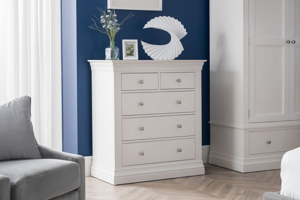 View White Wooden 32 Drawer Bedroom Storage Chest Of Drawers 4 Deep 3 Box Drawers Brushed Steel Handles French Inspired Design Clermont information