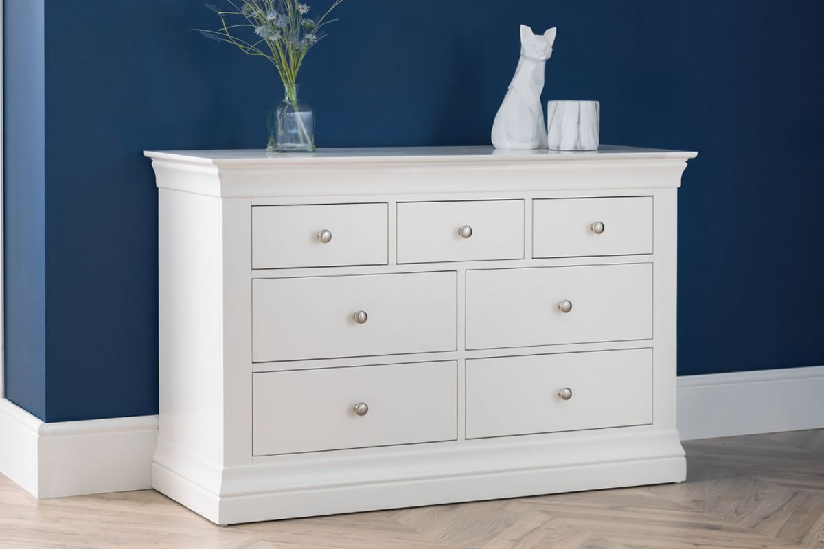 View White Wooden 43 Drawer Bedroom Storage Chest Of Drawers 4 Deep 3 Box Drawers Brushed Steel Handles French Inspired Design Clermont information