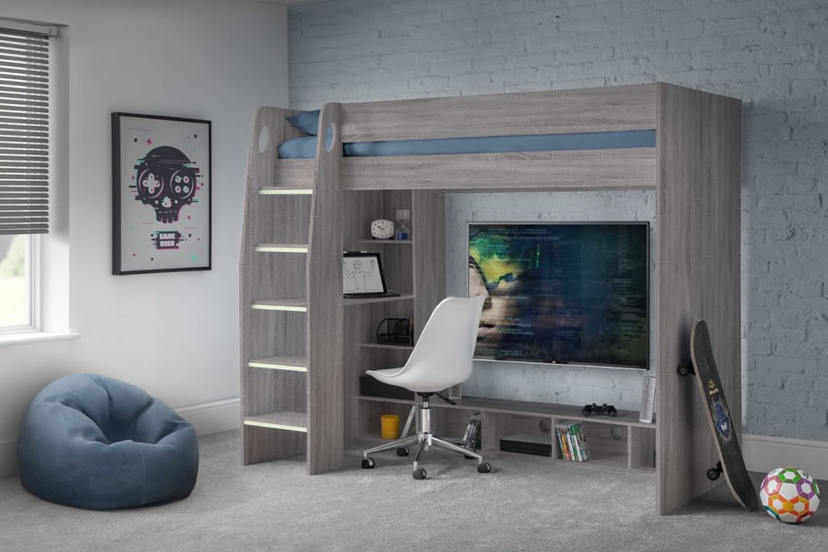 View Nebula Grey Oak Modern Gaming Bunk Bed with Desk Perfect Set Up For Teenage Gamers Requires Easy SelfAssembly Julian Bowen information