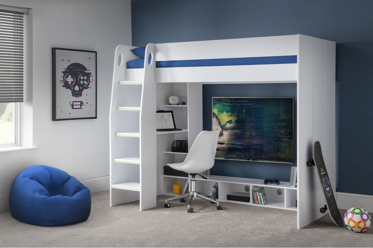 View Nebula White Modern Gaming Bunk Bed with Desk Perfect Set Up For Teenage Gamers Requires Easy SelfAssembly Julian Bowen information