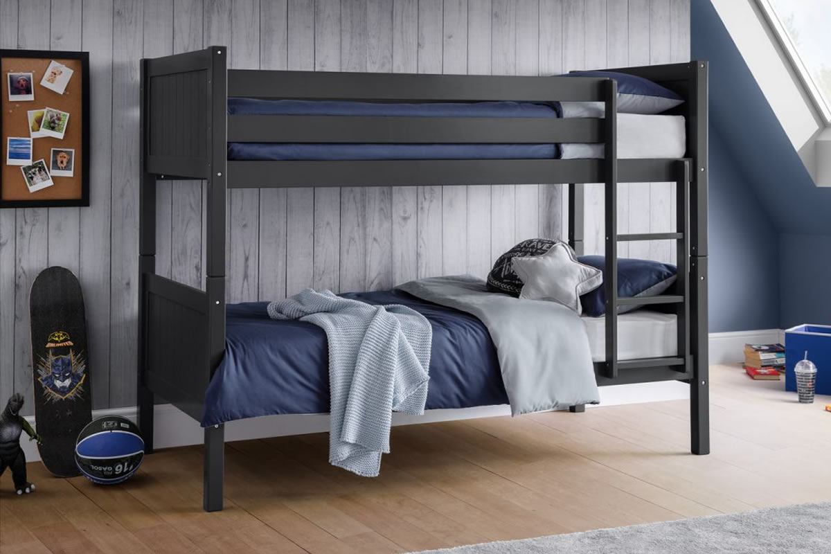 View Modern Dark Grey Childrens Wooden Bunk Bed Panelled End Head Footend Solid Pine MDF Splits Into 2 Beds Kids Bunk Double Bed Bella information