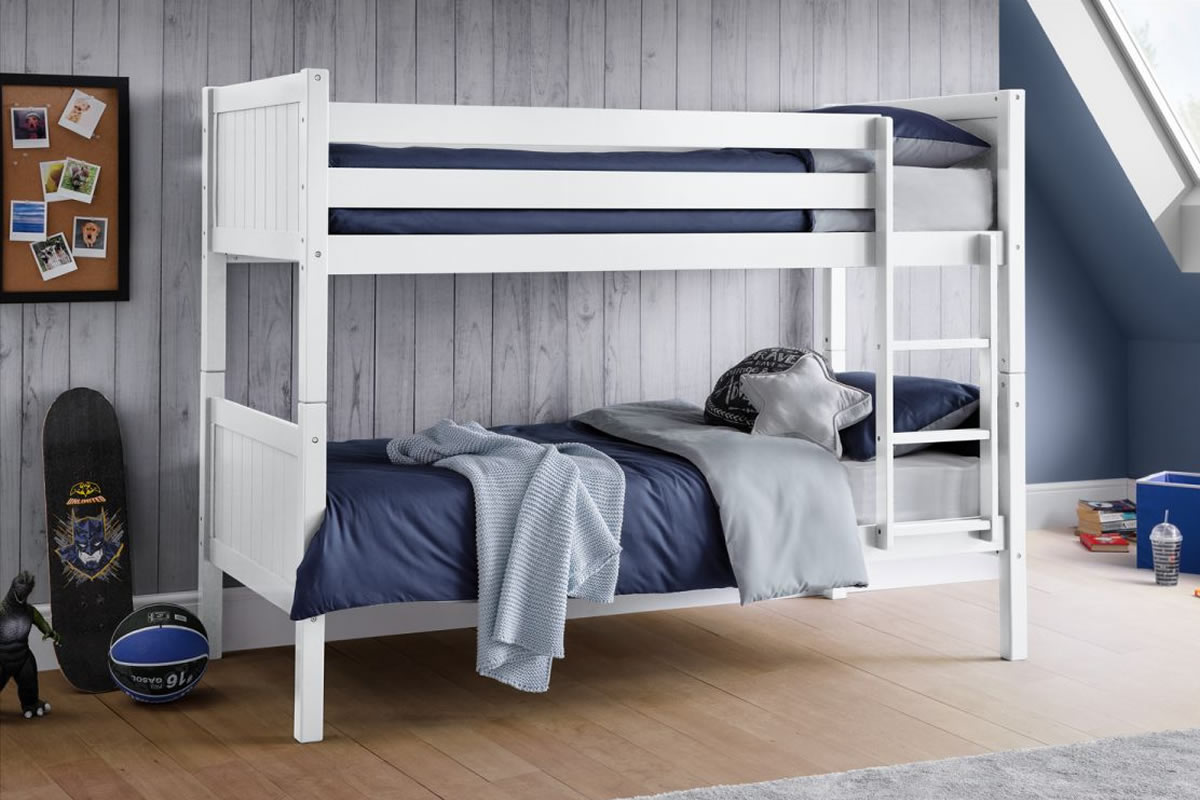 View Modern Painted White Childrens Wooden Bunk Bed Panelled End Head Footend Solid Pine MDF Splits Into 2 Beds Kids Bunk Double Bed Bella information
