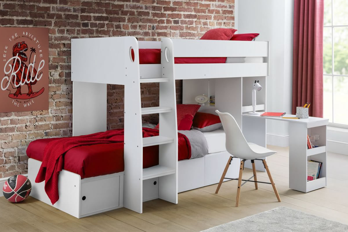 View Eclipse White Wooden Bunk Bed PullOut Desk Storage Shelf Two PullOut Drawers Included Robust Ladder With CutOut Handles information