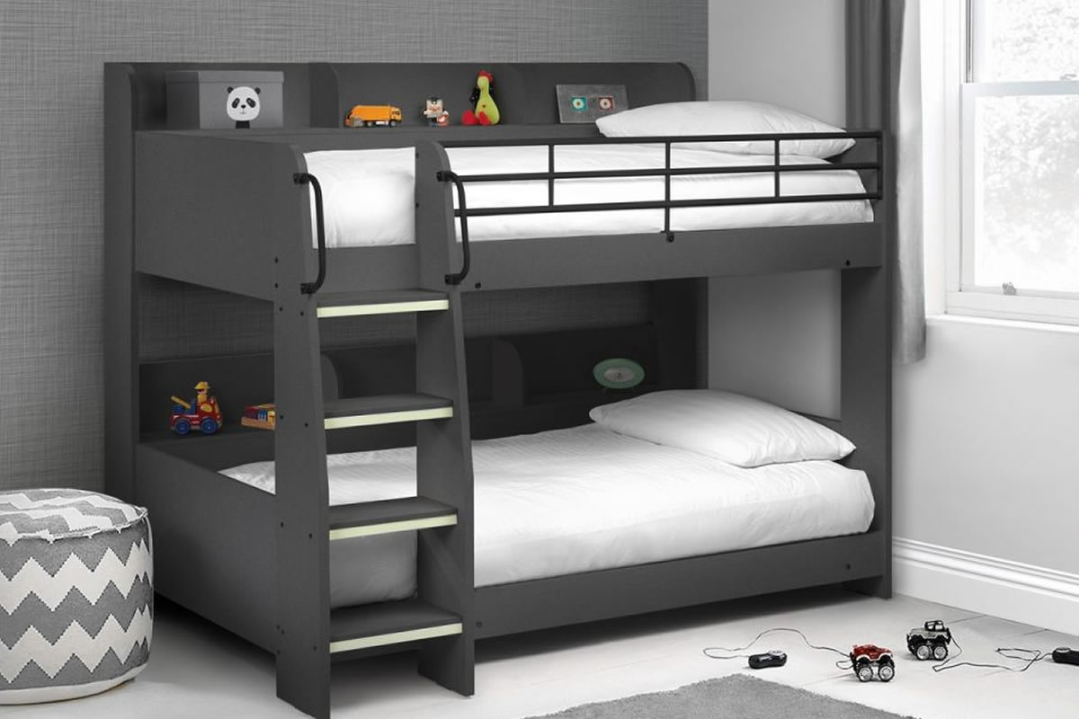 View Dark Grey Anthracite Childrens Wooden Bunk Bed With Bookshelf Glow In The Dark Ladder Space Saving Bed Domino Sleeps 2 Children Julian Bowen information