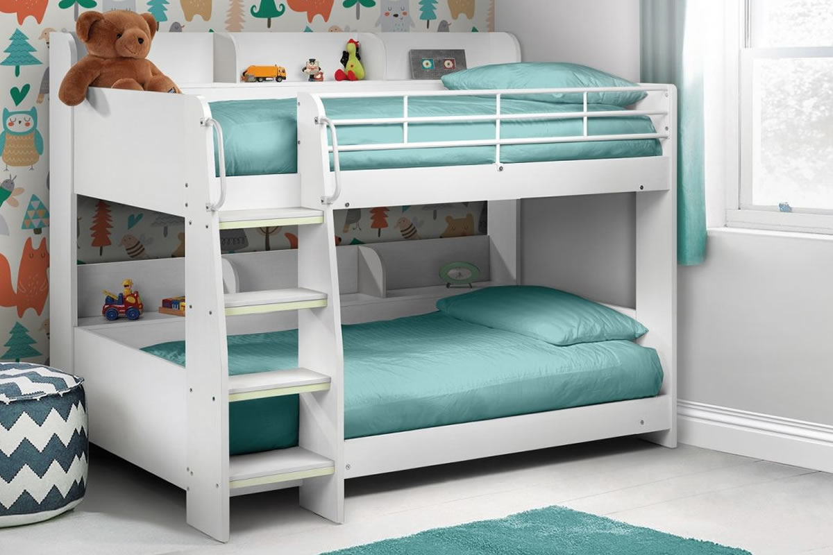 View White Childrens Wooden Bunk Bed With Bookshelf Glow In The Dark Ladder Space Saving Bed Domino Sleeps 2 Children Robust Frame Julian Bowen information