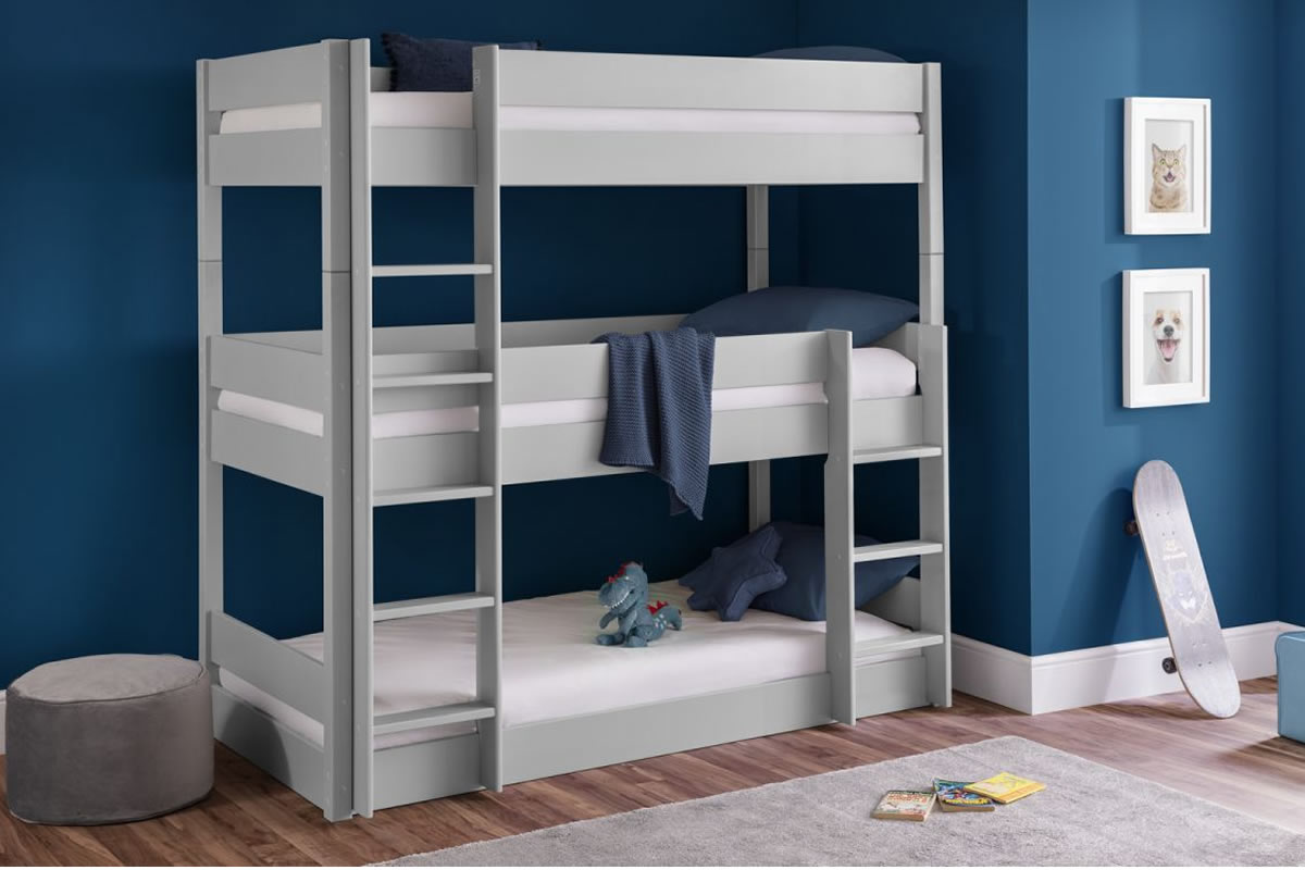 View Light Grey Painted Wooden Triple Bunk Bed Accommodates 3 Children Crafted From Solid Pine And MDF Trio Bunk information