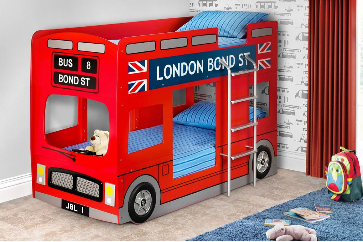 View 30 Single London Double Decker Bus Themed Childrens Bunk Bed Bed Frame Movable Steering Wheel Bright Red Painted Finish Birlea London Bus information