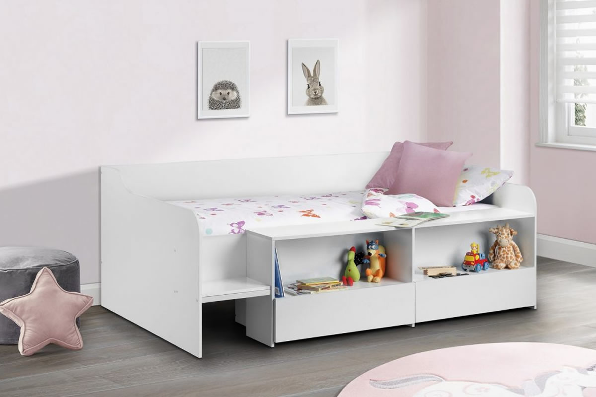 View Stella 30 Single White Wooden Childrens Low Sleeper Bed Frame 2 PullOut Storage Drawers On Castors Useful Shelving information