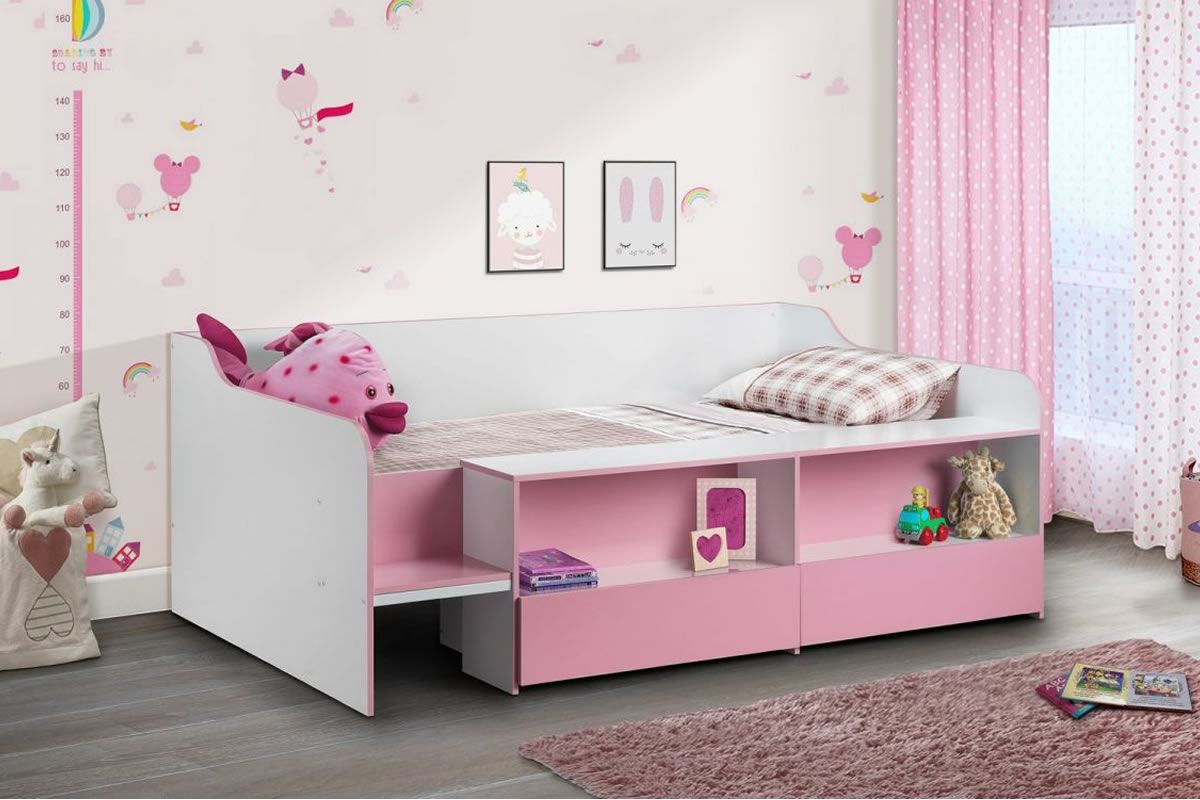 View Stella 30 Single Pink Wooden Childrens Low Sleeper Bed Frame 2 PullOut Storage Drawers On Castors Useful Shelving information