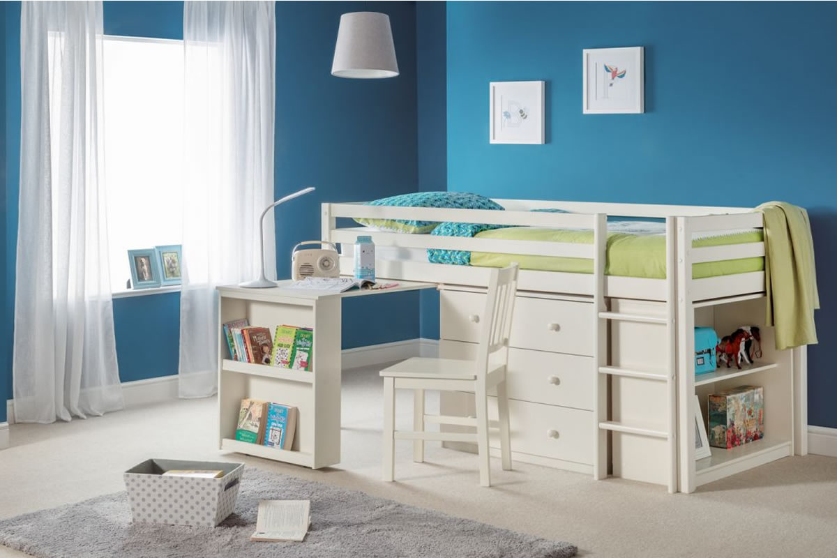 View White Painted 30 Single Childrens Wooden Sleepstation Mid Height Bunk Bedframe Includes 3 Drawer Chest and 2 Shelf Bookcase Roxy Dove Grey information