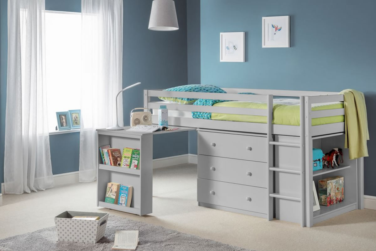 View Light Grey Painted 30 Single Childrens Wooden Sleepstation Mid Height Bunk Bedframe Includes 3 Drawer Chest and 2 Shelf Bookcase Roxy Dove Grey information