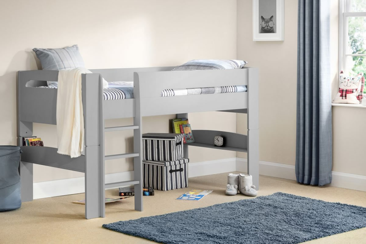 View Pluto 30 Single Light Grey Painted Wooden Mid Sleeper Bed Frame Sturdy And Stylish Lacquered MDF Finish Robust Ladder information