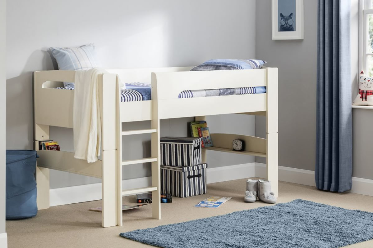 View Pluto 30 Single Stone White Painted Wooden Mid Sleeper Bed Frame Sturdy And Stylish Lacquered MDF Finish Robust Ladder information