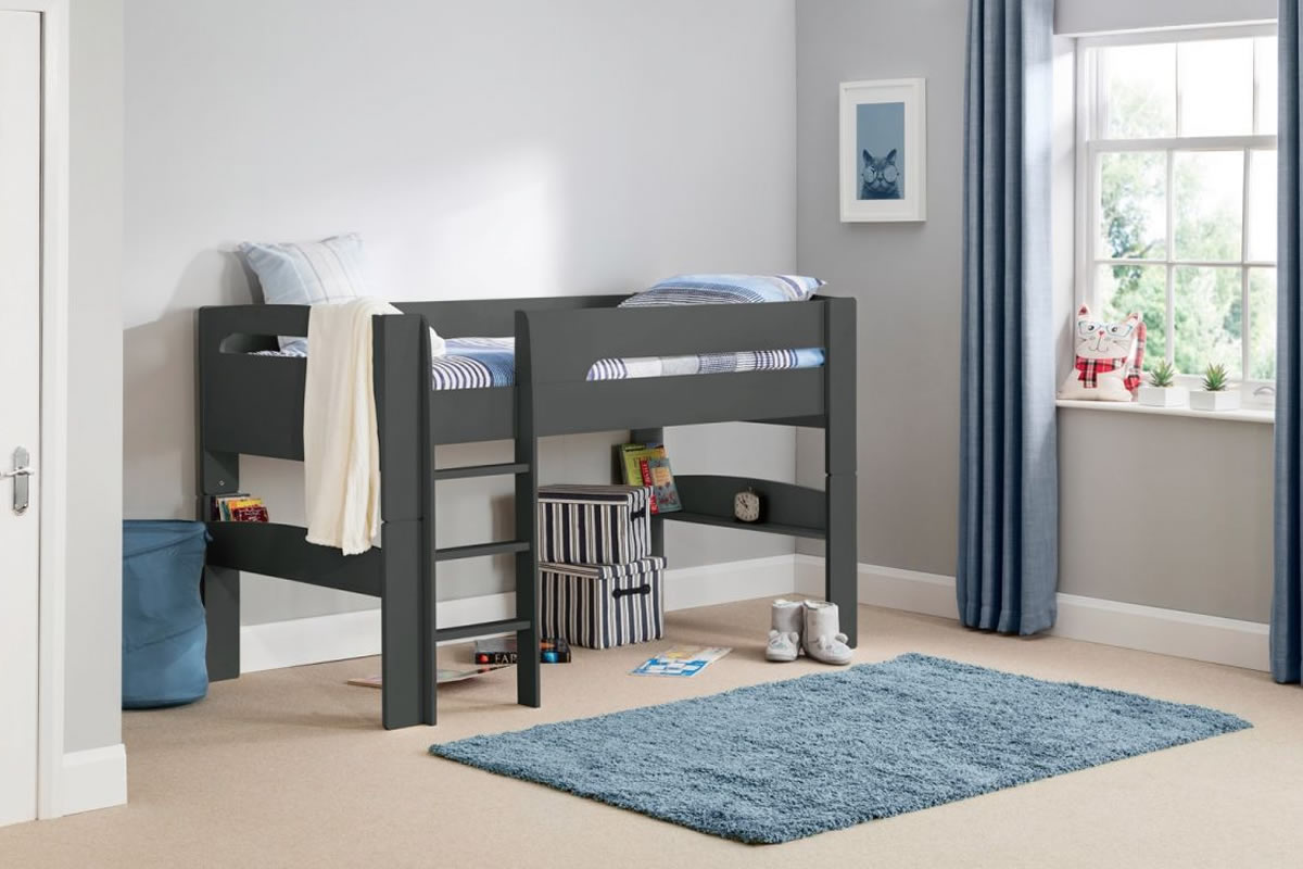 View Pluto 30 Single Dark Grey Anthracite Painted Wooden Mid Sleeper Bed Frame Sturdy And Stylish Lacquered MDF Finish Robust Ladder information