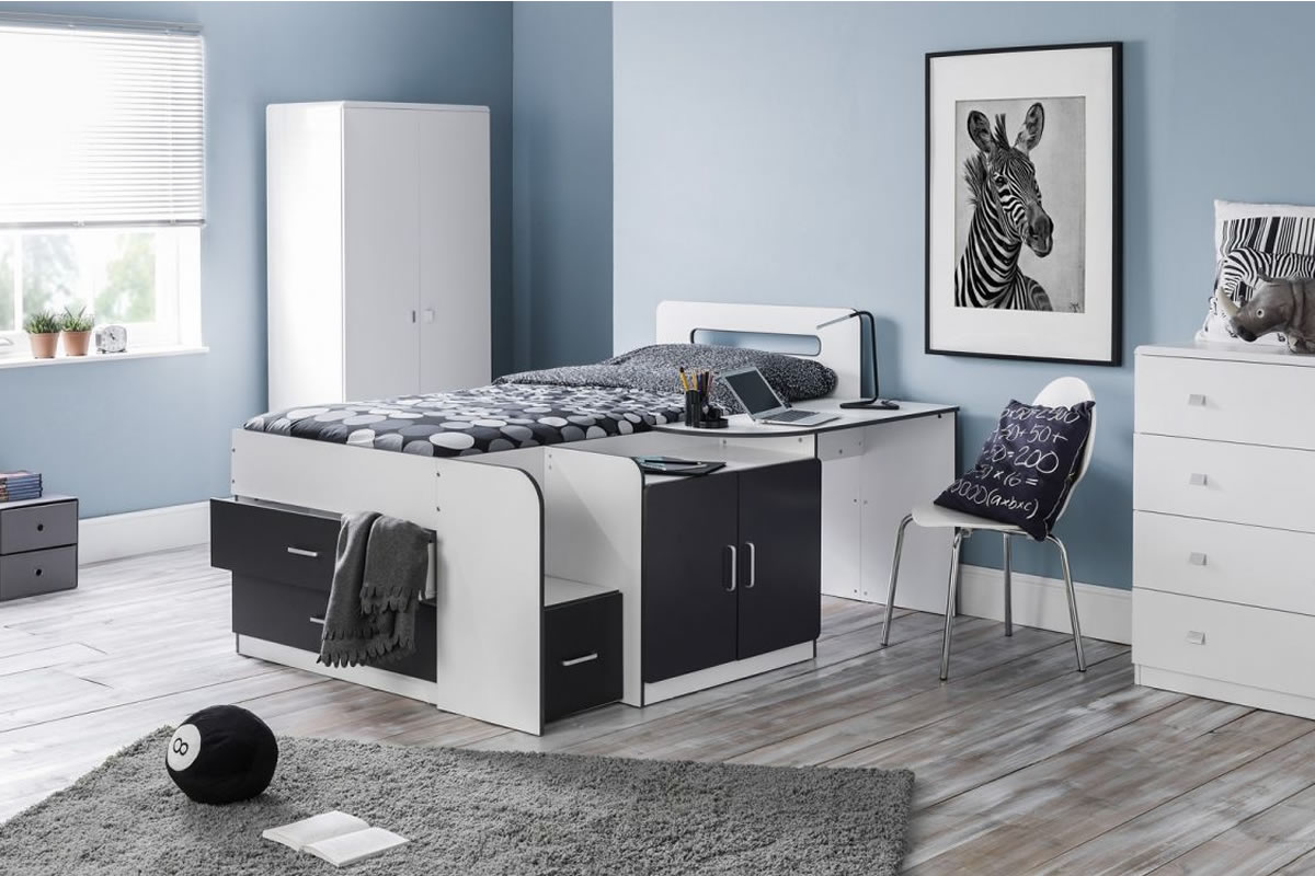 View Painted White 30 Single Wooden Cabin Bed Easy Glide Storage Drawers Cupboard Storage White Grey Matt Finish Cookie information