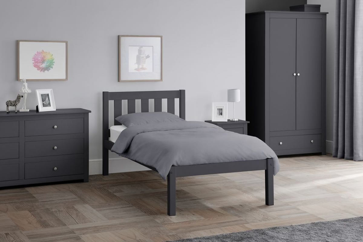 View Luna 30 Single Kids Dark Grey Wooden Bed Frame Childrens Modern Bedstead Low Foot End Slatted Headboard Strong Slatted Base information