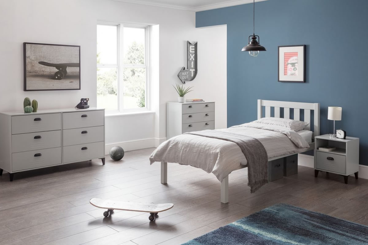 View Luna 30 Single Kids Painted light Grey Wooden Bed Frame Childrens Modern Bedstead Low Foot End Slatted Headboard Strong Slatted Base information