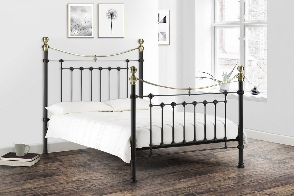 View Victoria Victorian Inspired Satin Black Metal Bed Frame With Brass Finials Tall Headboard and Matching Foot End Double or King Size information