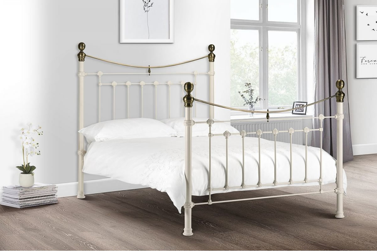 View Victorian Inspired Metal Bedframe High Headboard Footboard Attractive Brass Finials Choice Of 2 Powder Coated Finishes 2 Sizes Victoria information