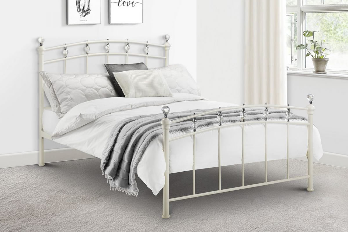 View Sophie 46 Double Size Painted White Metal Bed Frame With Glass Crystal Finials Stone White Finish High Head Footend Sprung Slatted Base information