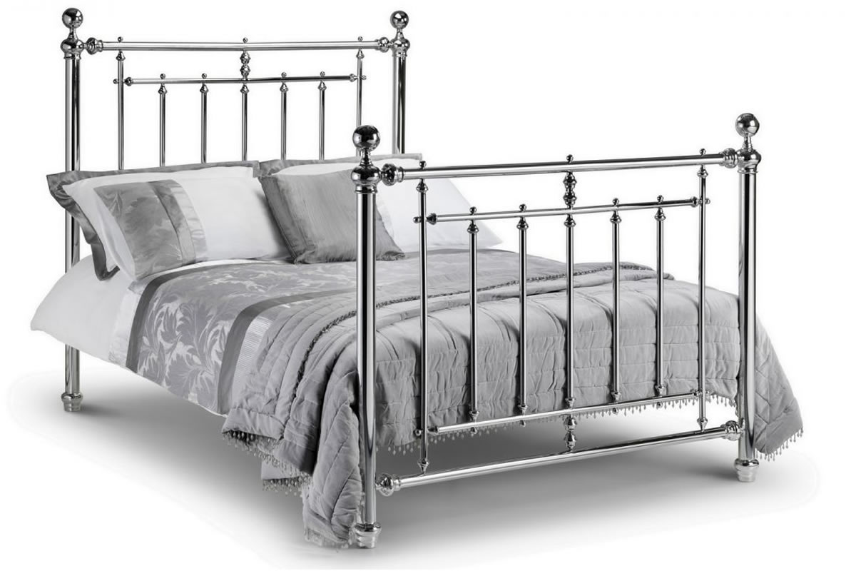 View 46 Double Chrome Metal Bed Frame With Detailed Finials Castings Empress information