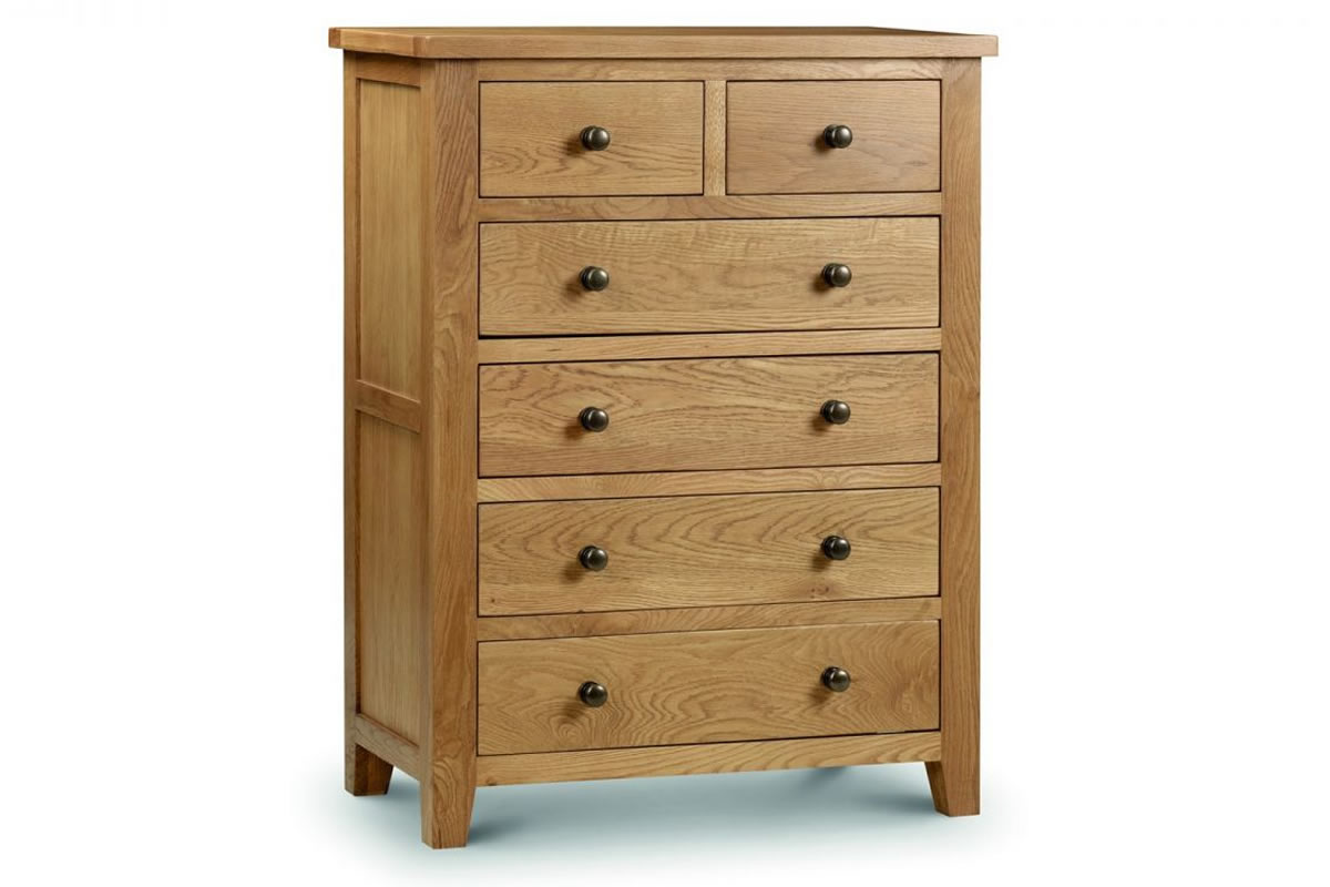 View Solid Oak Wooden 4 2 Drawer Wide Bedroom Storage Chest Of Drawers Shaker Styled Solid Wood Drawers Silver Handles Marlborough Julian Bowen information