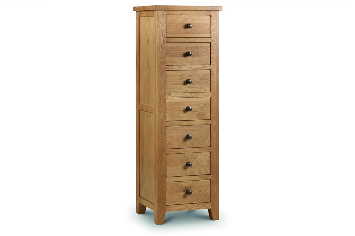 View Solid Oak Wooden 7 Drawer Narrow Bedroom Storage Chest Of Drawers Shaker Styled Solid Wood Drawers Silver Handles Marlborough Julian Bowen information
