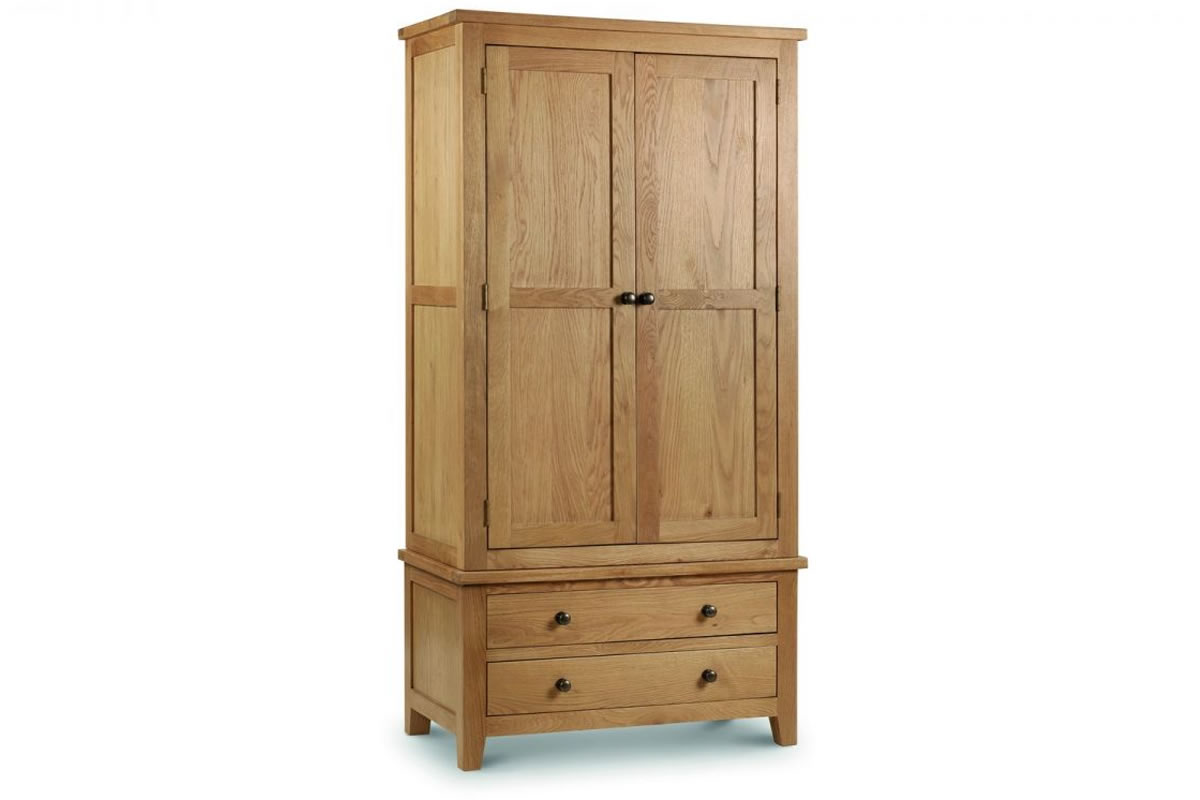 View Solid Oak 2 Door 2 Drawer Combination Wardrobe Easy Glide Storage Drawers Metal Pull Handles Dovetail Joints Waxed Finish Marlborough information
