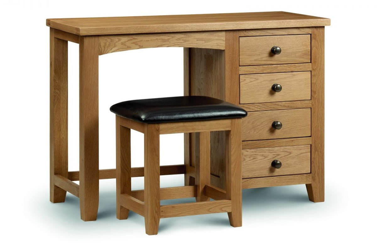 View Solid Honey Oak Single Pedestal Dressing Table Four Easy Glide Storage Drawers Dovetail Joints Waxed Finish Marlborough Bedroom Range information