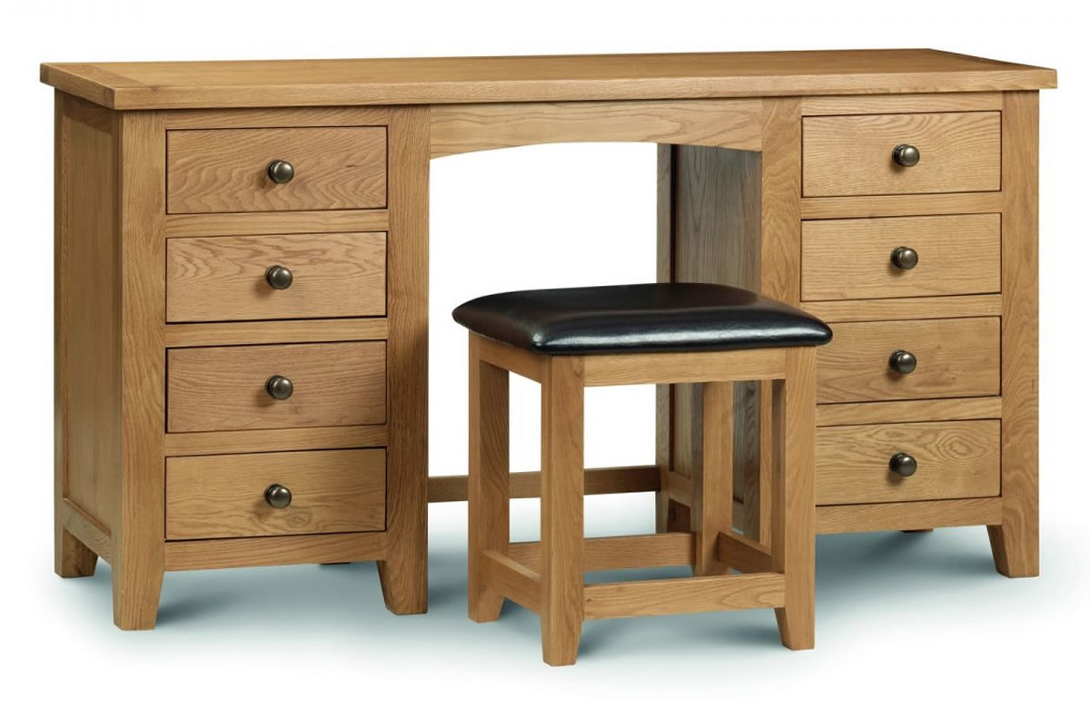 View Solid Oak Twin Pedestal Dressing Table Waxed Honey Oak Finish Eight Easy Glide Storage Drawers With Dovetail Joints Marlborough Bedroom Range information